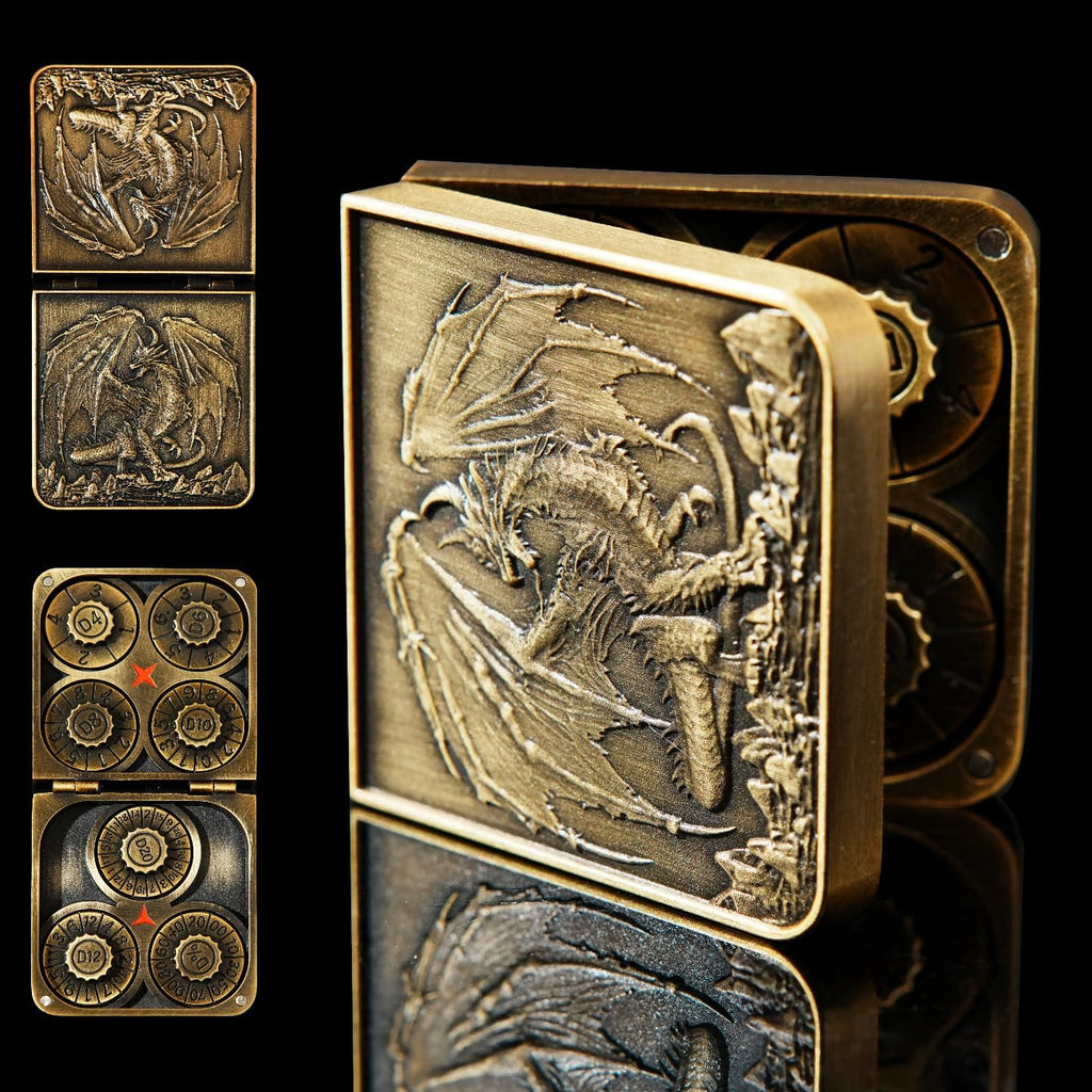 7 in 1 Metal DND Dice Set Spinner dice subitable for Dungeons & Dragons in Magnetic Iron Box（Gold）