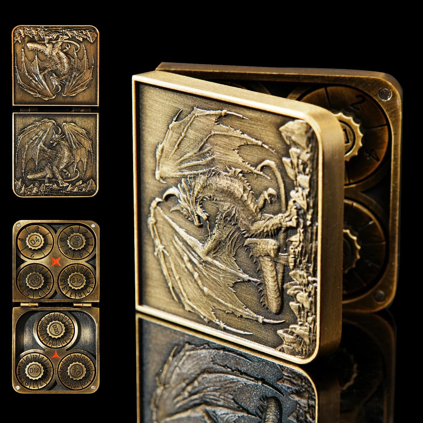 7 in 1 Metal DND Dice Set Spinner dice subitable for Dungeons & Dragons in Magnetic Iron Box（Gold）