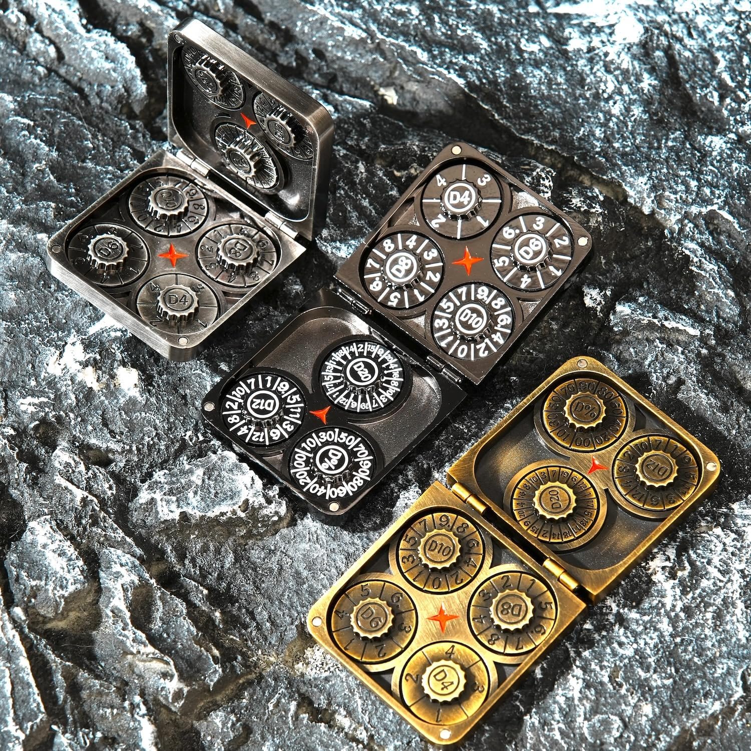 7 in 1 Metal DND Dice Set Spinner dice subitable for Dungeons & Dragons in Magnetic Iron Box（Gold）