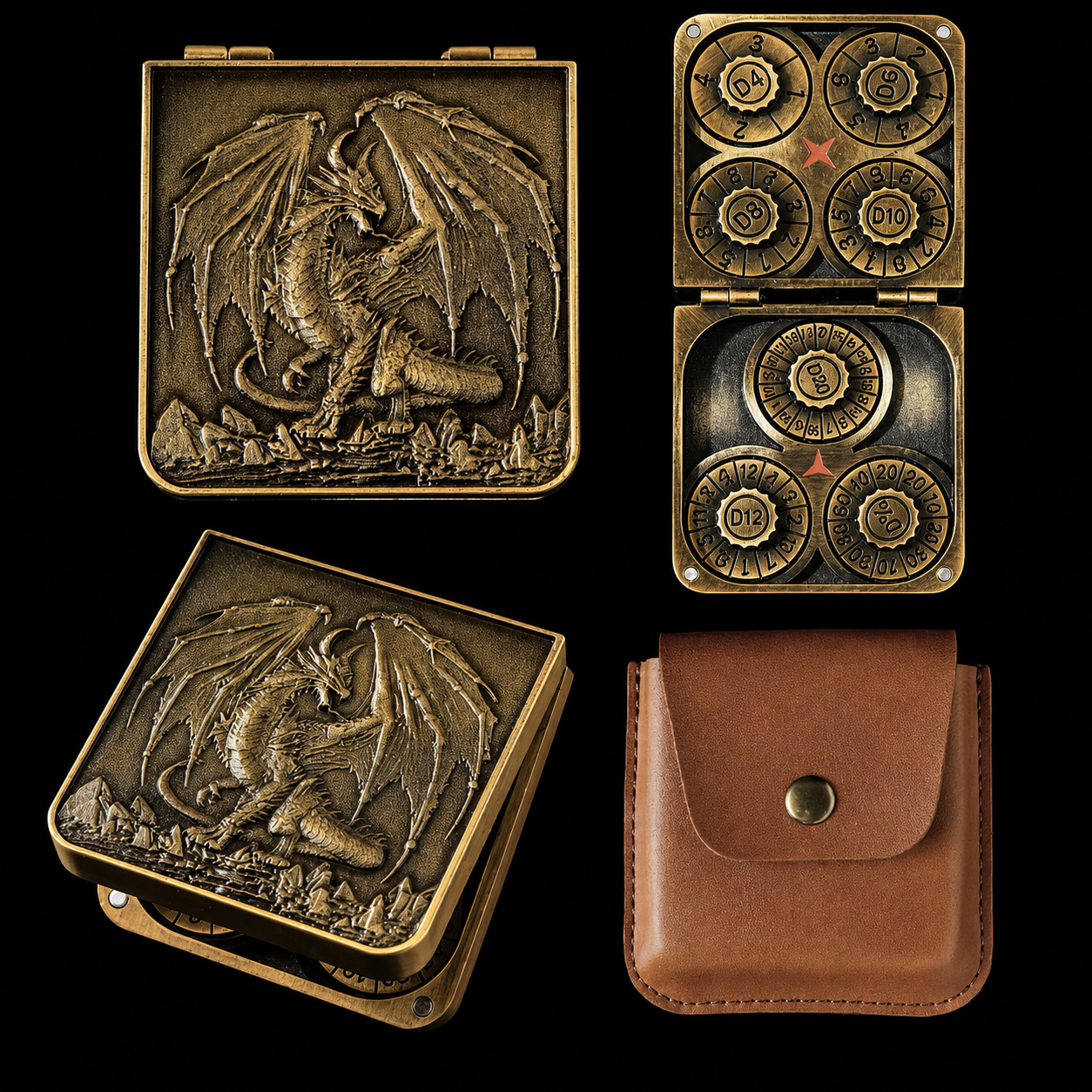 7 in 1 Metal DND Dice Set Spinner dice subitable for Dungeons & Dragons in Magnetic Iron Box（Gold）
