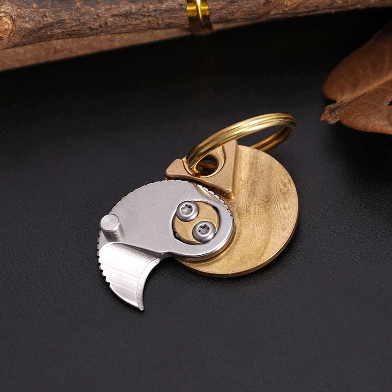 Mini D2 Blade Brass Coin Keychain Plate Folding Knife Pocket Outdoor Cutter EDC