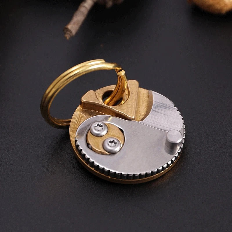 Mini D2 Blade Brass Coin Keychain Plate Folding Knife Pocket Outdoor Cutter EDC