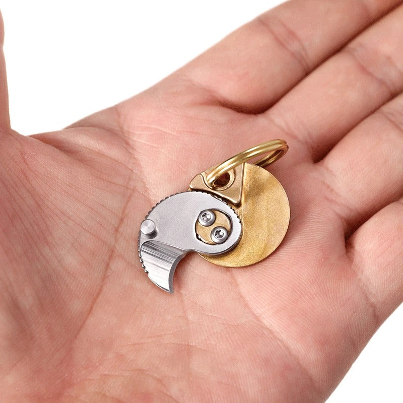 Mini D2 Blade Brass Coin Keychain Plate Folding Knife Pocket Outdoor Cutter EDC